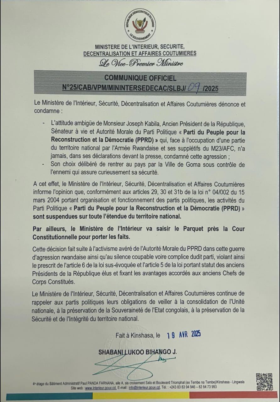 Le ministère de l’Intérieur congolais a annoncé, par un communiqué officiel signé samedi, la suspension du PPRD 